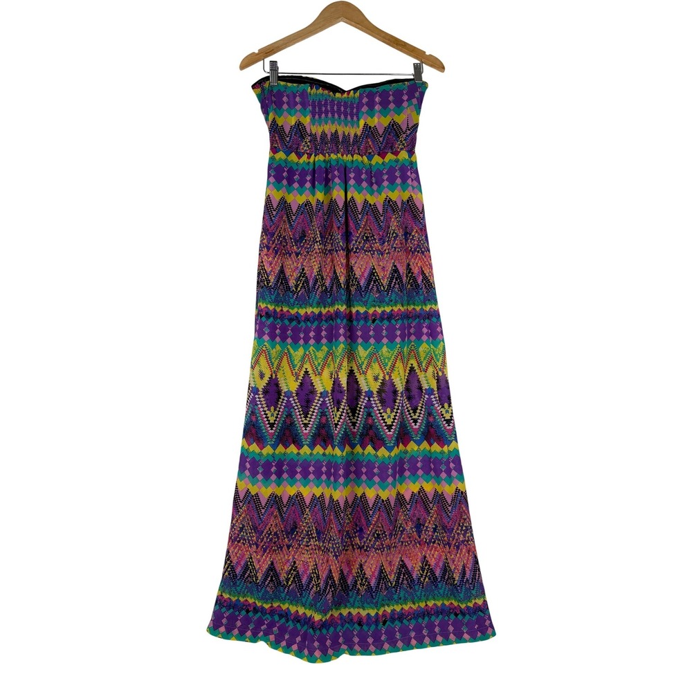 Love Tree Maxi Dress‎ Womens Small Multicolor Geometric Strapless Smocked Boho